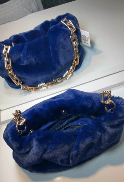 Brand New Royal Blue Faux Furr Pouch Bag With Gold Chain 2