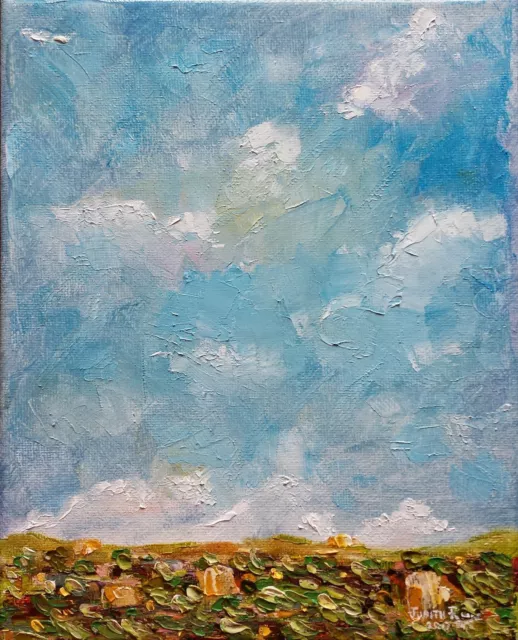 original oil painting abstract landscape clouds hay bales canvas signed wall art