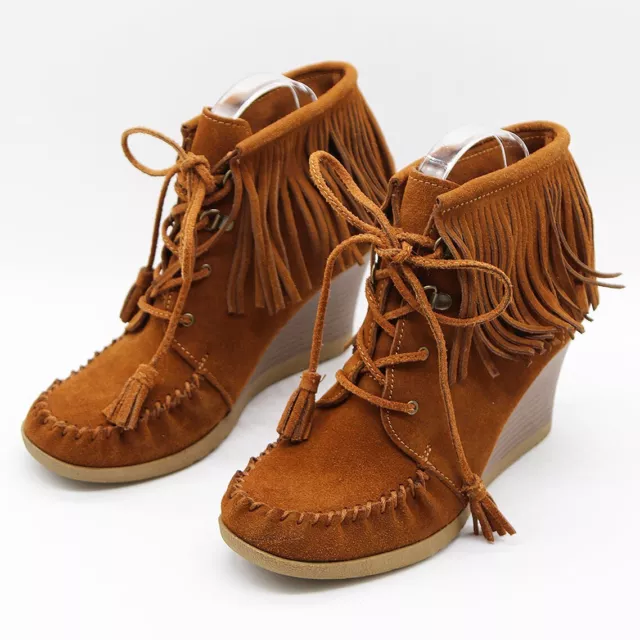 MINNETONKA WOMENS 9 Suede Leather Fringe Moccasin Wedge Ankle Boots ...