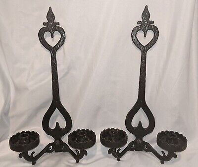 Pair VINTAGE Heavy Iron GOTHIC SPANISH MEDIEVAL Wall SCONCE Double Candle Holder
