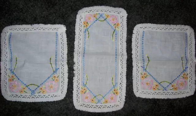 Vintage Hand Embroidered Doilies/ Dresser Scarfs  3 pc Set Crocheted Edge