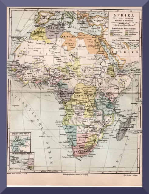 Afrika +Historische Landkarte polit. Übersicht  1888 + Deutsche Kolonien