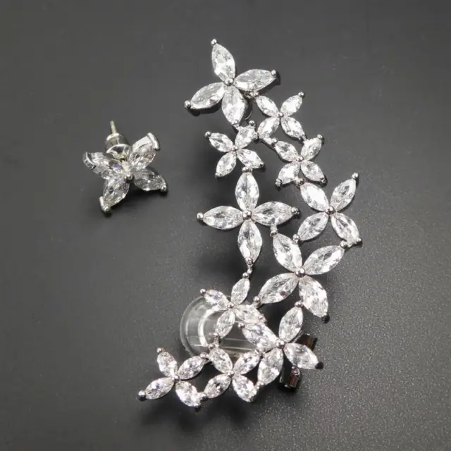 Sterling Silver Post CZ Asymmetrical Flower Earrings Ear Cuff Crawler Climber