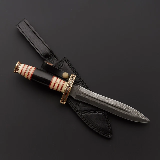 Handmade Damascus Steel Fire Pattern Dagger, Fixed Blade With Leather Sheath