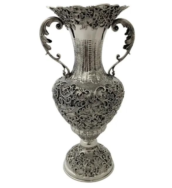 Fine 925 Sterling Silver Handmade Floral Leaf Ornate Matte Flower Vase W Handles