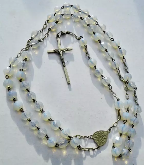 Fine Antique Cut Crystal & Silver Rosary Beads Crucifix Cross Prayer 20in Prayer