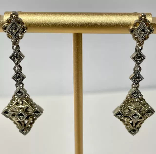 JUDITH JACK 925 Sterling Silver/Gold Filigree Marcasite Post/Dangle Earrings