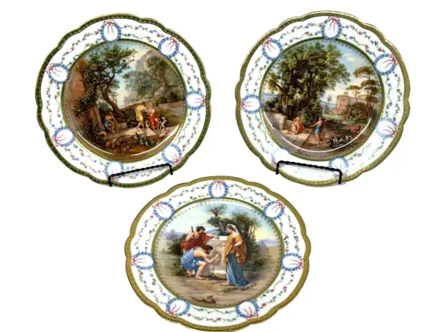 ATQ Sevres Porcelain Plate Hand Painted Salvator Rosa Artist Signed 9" Set of 3