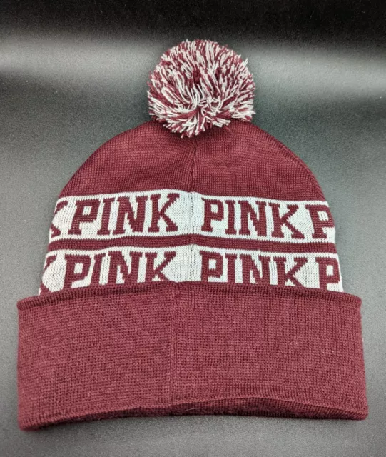 PINK Victorias Secret Womens Beanie Hat Pom Pom Maroon Burgundy & White Acrylic