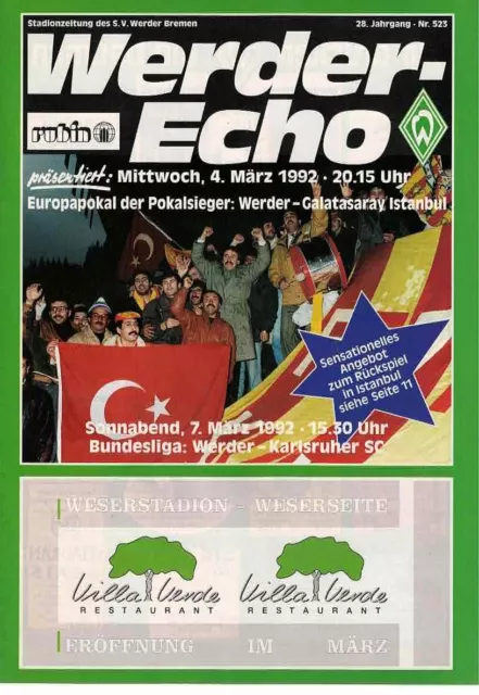 Fussball-Programmheft   91/92    EC   Werder Bremen - Galatasaray / Karlsruhe