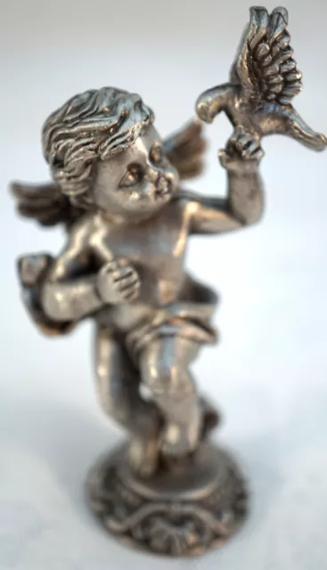 Solid Pewter Figurine Winged Semi Nude Cherub Running with a Bird ~ Larger