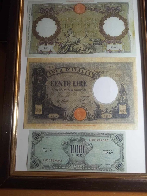  Lotto di 3 BANCONOTE Lire Riproduzioni compreso cornice