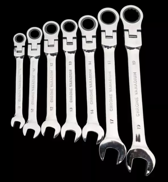 7Pc 8-19mm Ratcheting Wrench Combination Metric Flexible Head Tool Set