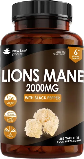 Lions Mane Mushroom 2000mg - 365 High Strength Vegan Tablets - Lion's Mane Suppl
