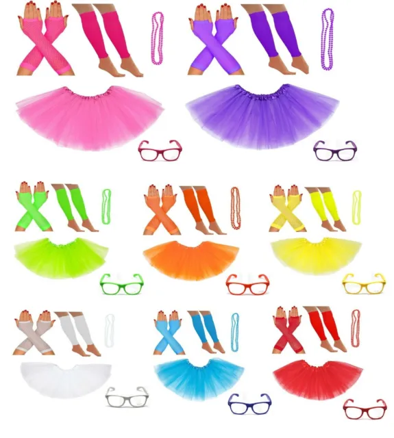 Ladies Neon Tutu Skirt 80s Leg Warmer Fishnet Gloves Glasses 1980s Costume Hens