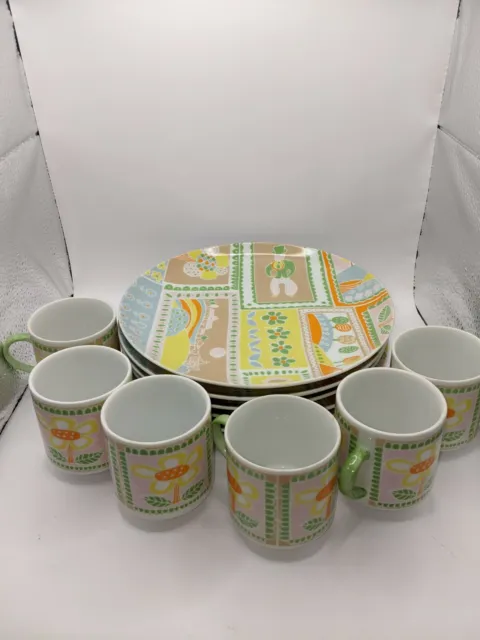 Vintage Plates With Cups, Set Of 6. Cool 60s Pastel Modern Farm Scene. Marked