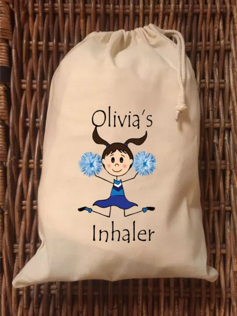 Personalised Girls Inhaler Bag Blue Cheerleader - Natural Cotton Drawstring Bag