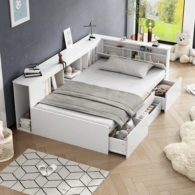 WHITE KIDS SINGLE Storage Bed 3FT with Drawers Shelves Bookcase Frame ...