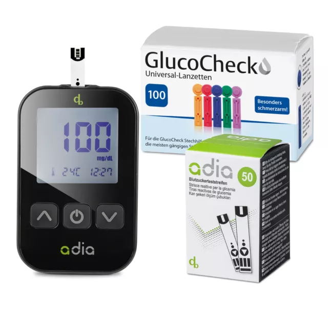 adia-Set Blutzuckermessgerät + 60 Teststreifen + Stechhilfe + 110 Lanzetten