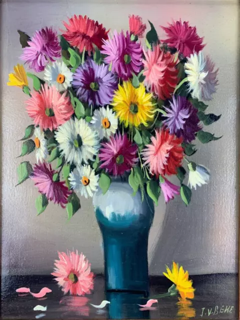 Ölbild Gemälde wohl J. v. Beke Stillleben Blumen bunte Gerbera aus Nachlass