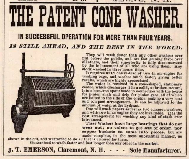 1881 The Patent Cone Washer J.T. Emerson Manufacturer CLAREMONT NH 3.5" Print Ad