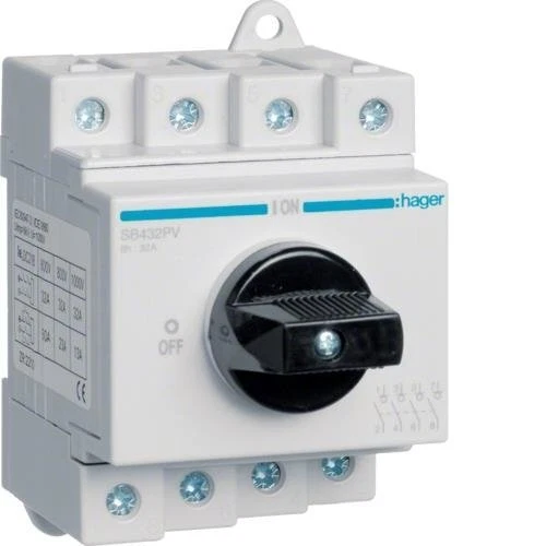 Interrupteur sectionneur pour photovoltaïque DC 4P 1000V 32A SB432PV HAGER