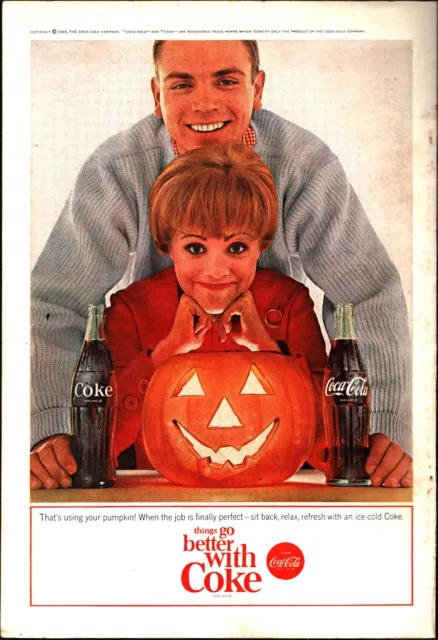 Coca Cola Vintage October 1964 Coke Soda Halloween Couple Pumpkin Print Ad Decor