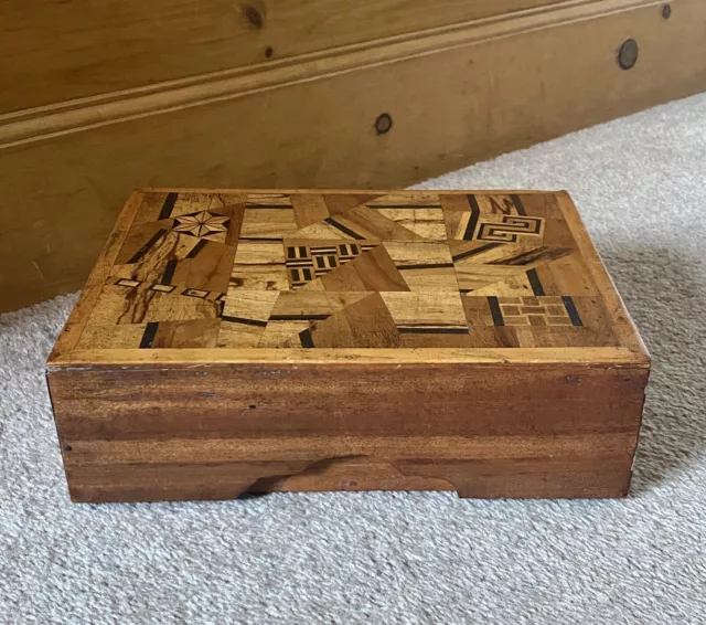 OOAK Handmade Wooden Trinket Box Abstract Inlaid Wood Lift-off Lid Folk Art