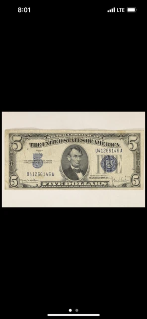 1934 D - 5 Dollar Blue Seal Silver Certificate United States Note