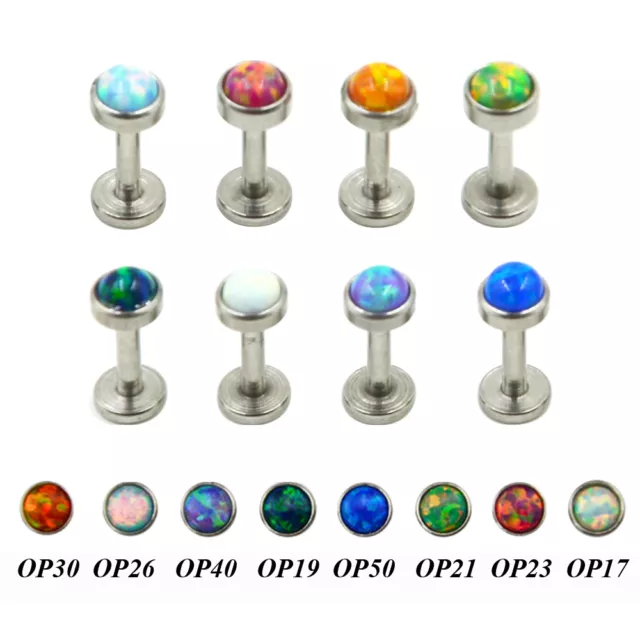 Surgical Steel Internally Threaded Opal Labret Helix Cartilage Tragus Lip Bar