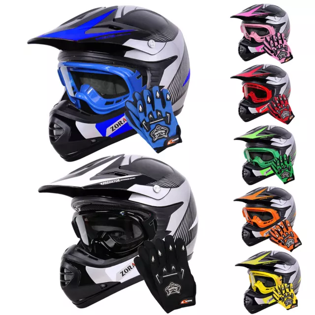 ZORAX X19 Junior Kids Motocross MX Helmet + ZOR Gloves Goggles QUAD BIKE