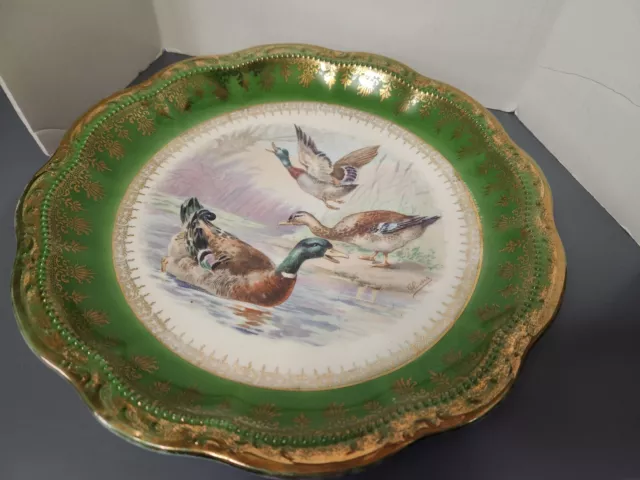 Antique Three Crown China Germany Hand Painted Scalloped Display Plate Ducks