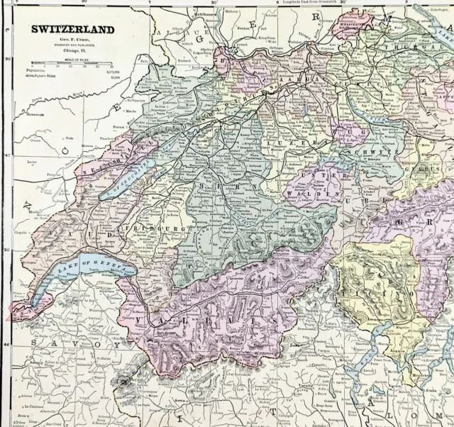 1889 Switzerland Map ORIGINAL Zurich Geneva Bern Cantons Townships Railroads
