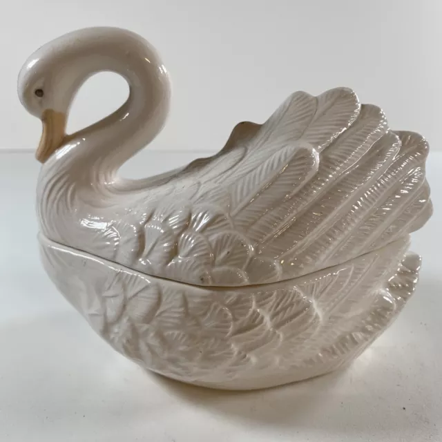 Vintage White Ceramic Swan Covered Dish or Trinket Box 5.25”H