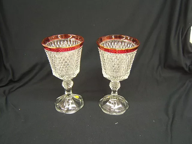 Pair of 2 Indiana Glass Diamond Point Ruby Band Urns/Vases VGC