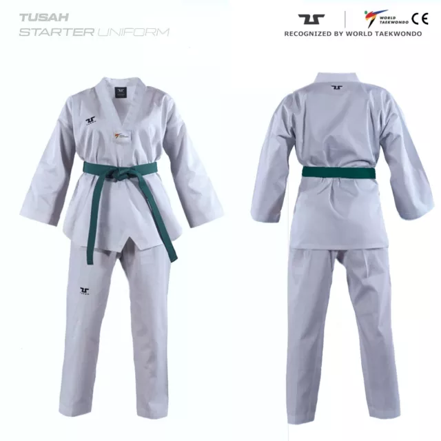 Tusah WT Approved Kids Taekwondo Dobok Childrens Uniform White V-Neck Suit