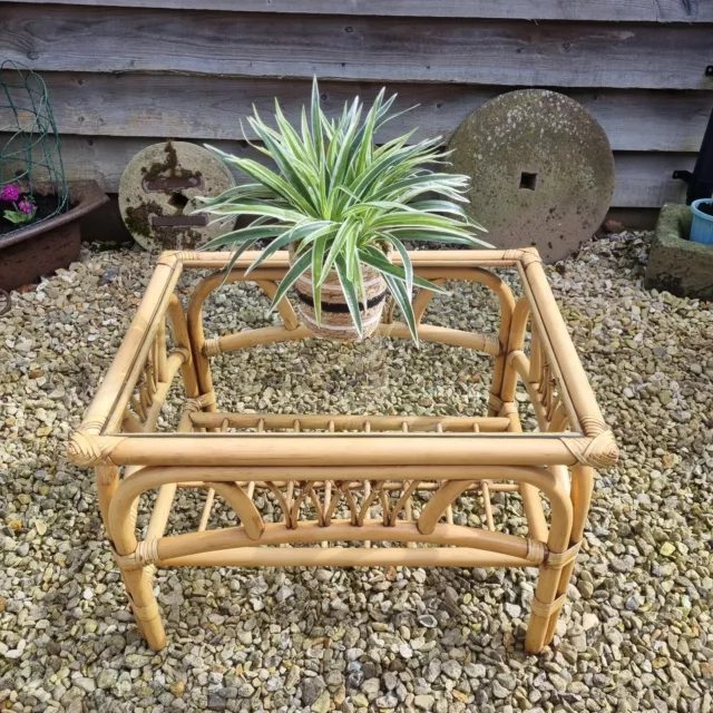 Vintage Rectangular Coffee Table Bamboo Rattan Wicker Glass Top Boho Tiki Retro