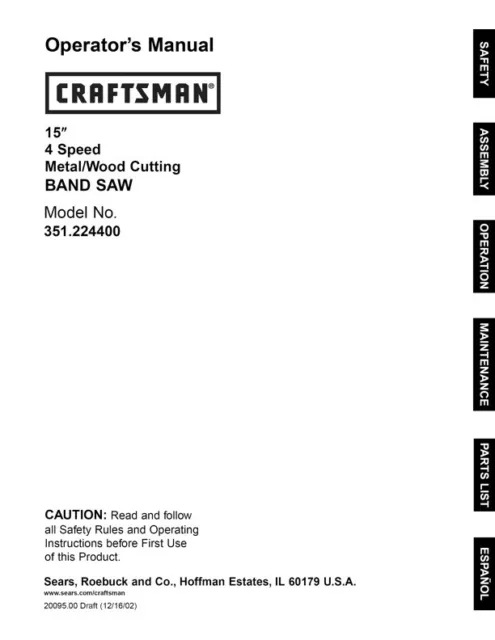 Owner's Manual & Parts List  Sears Craftsman 15" Band Saw - Model 351.224400