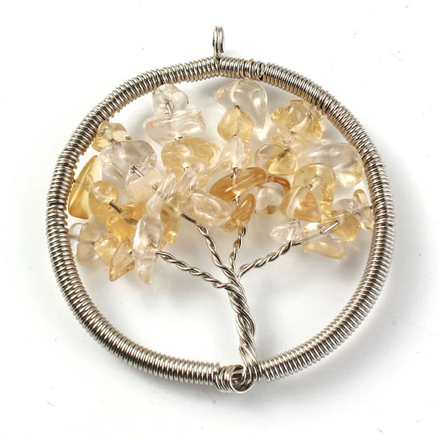 Natural Crystal Quartz Tree of Life Stone Pendant Amulet Healing Reiki Chakra