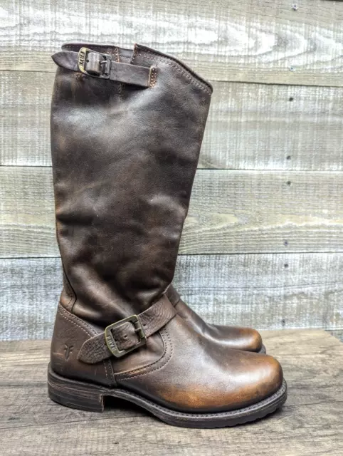 Frye Veronica Brown Slouch Tall Engineer Buckle Harness Moto Boots Womens 8 B