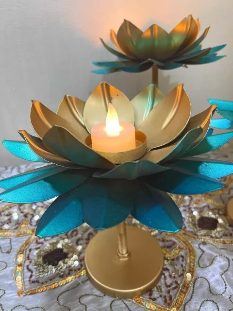 Magnifique bougeoir en métal avec bougie chauffe-plat en forme de lotus,... 3