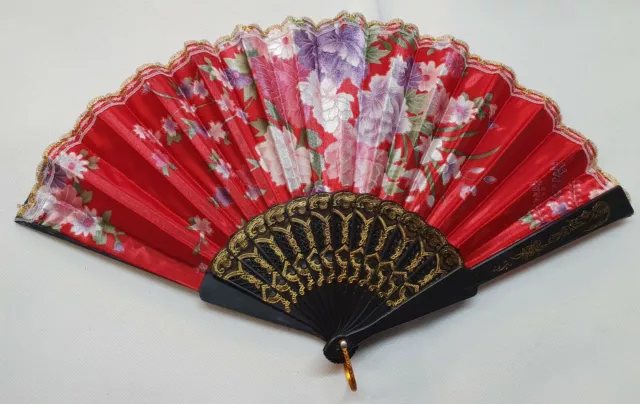 Red Flowers Print Silk Ladies Folding Hand Summer Decorative Fan UK Seller