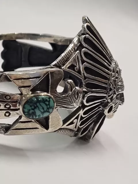 Superb Solid Silver Navajo Style Indian Chief Bangle 3