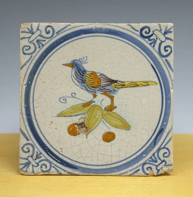 Antique  Dutch Delft Maiolica Tile Bird on Fruit Wan-Li Circa 1625-1650