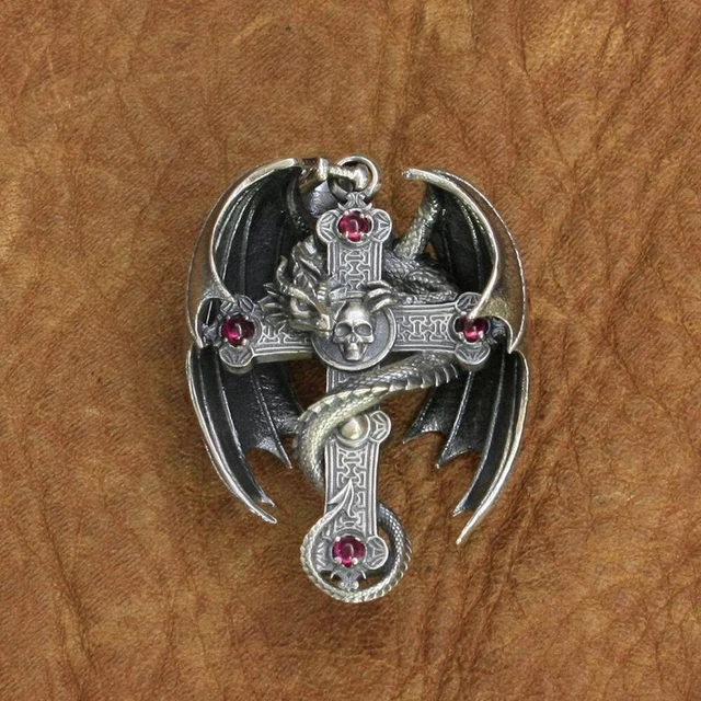 925 Sterling Silver Gothic Dragon Red CZ Cross Pendant Mens Punk Pendant TA255A