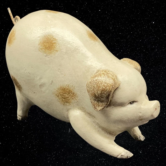 Vintage Cast Iron Heavy White Brown Spotted Laying Pig Figurine 3.75”T 6”W