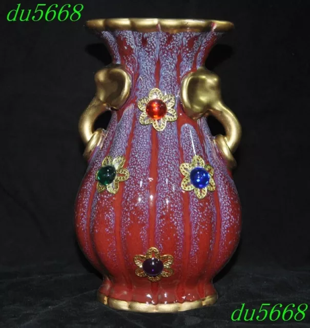 8.2"Official kiln jun porcelain Gem Elephant ear Bottle Pot Vase Jar Statue