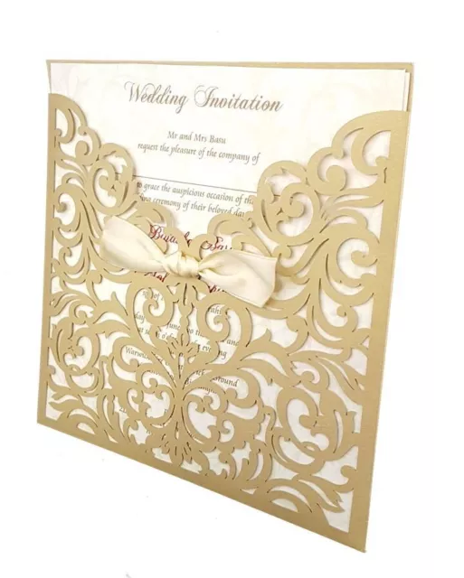 Personalised Wedding Day Handmade Card Antique Gold Ribbon Laser Cut Invitation 3