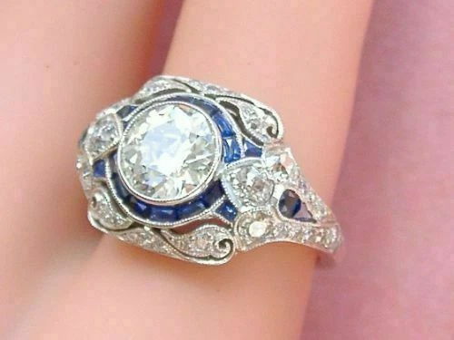 Art Deco Style White Lab Created Diamond & Sapphire Engagement 925 Silver Ring