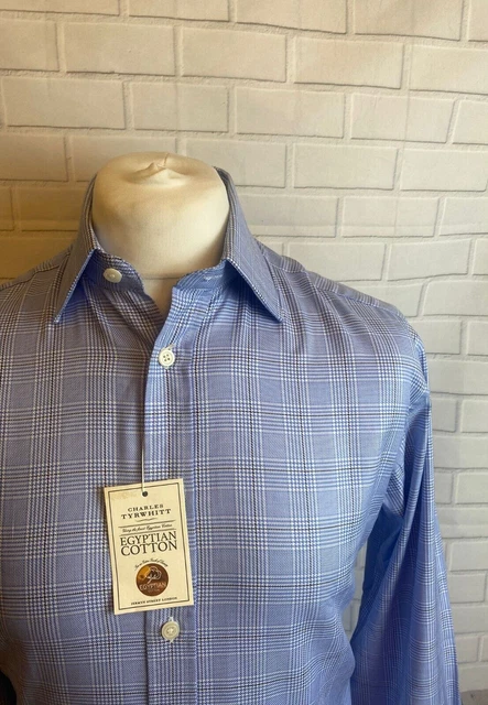 Camicia Charles Tyrwhitt blu scacco 15,5"" - 33"" vestibilità regolare doppio polsino NUOVA